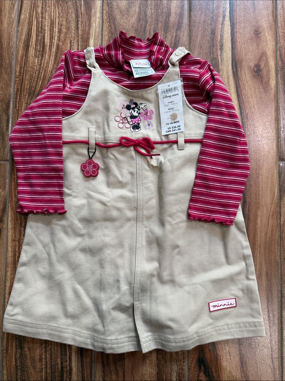2008 Disney Store Minnie Mouse Beige Jumper Dress with Red and White Striped Top